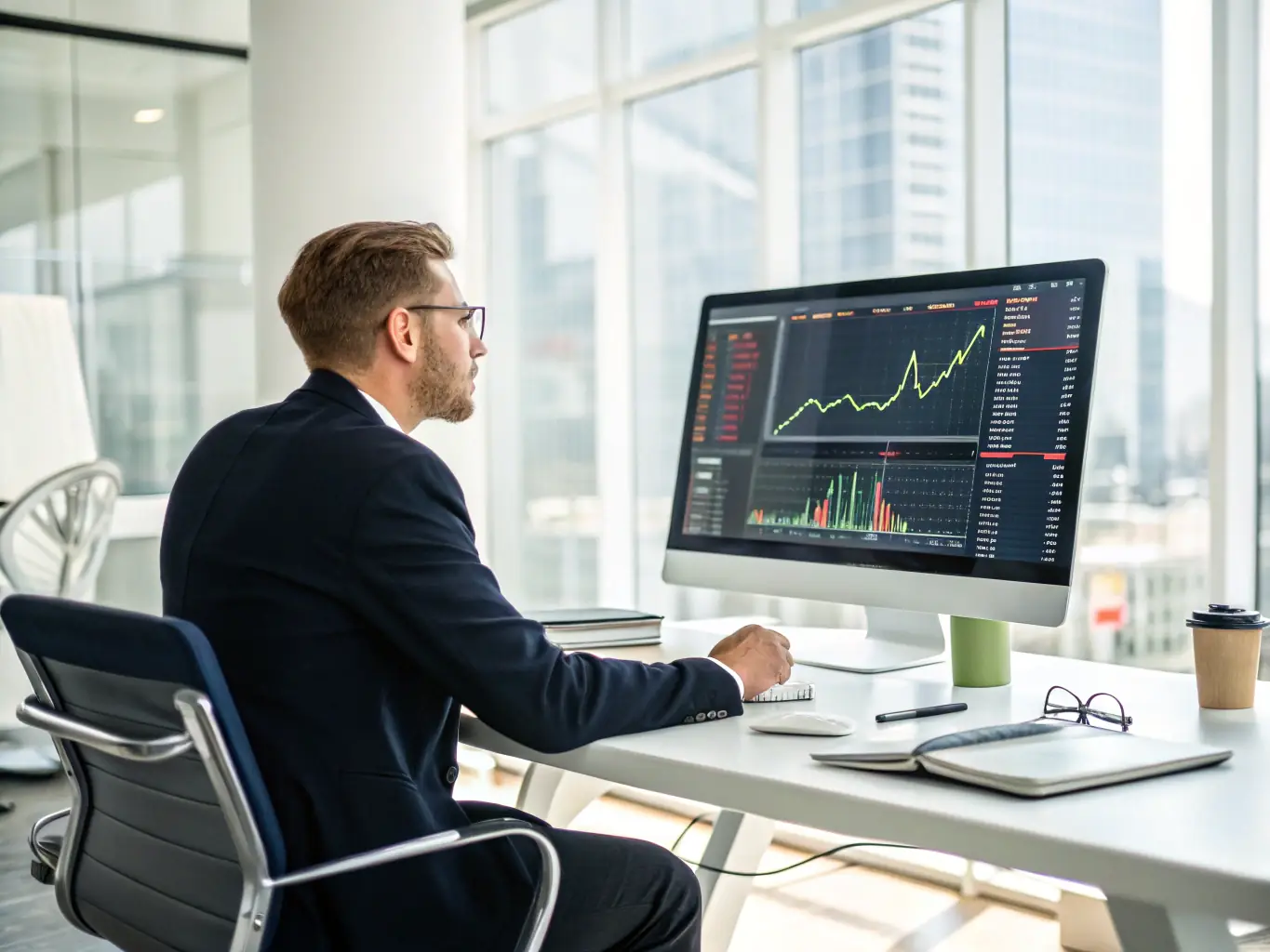 An image of a financial advisor analyzing investment charts with a South African city skyline in the background, symbolizing investment strategies tailored for the local market.