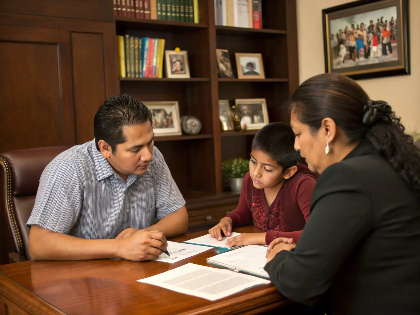 A professional financial advisor discussing wealth plans with a South African family in a modern office, representing personalized wealth management services.