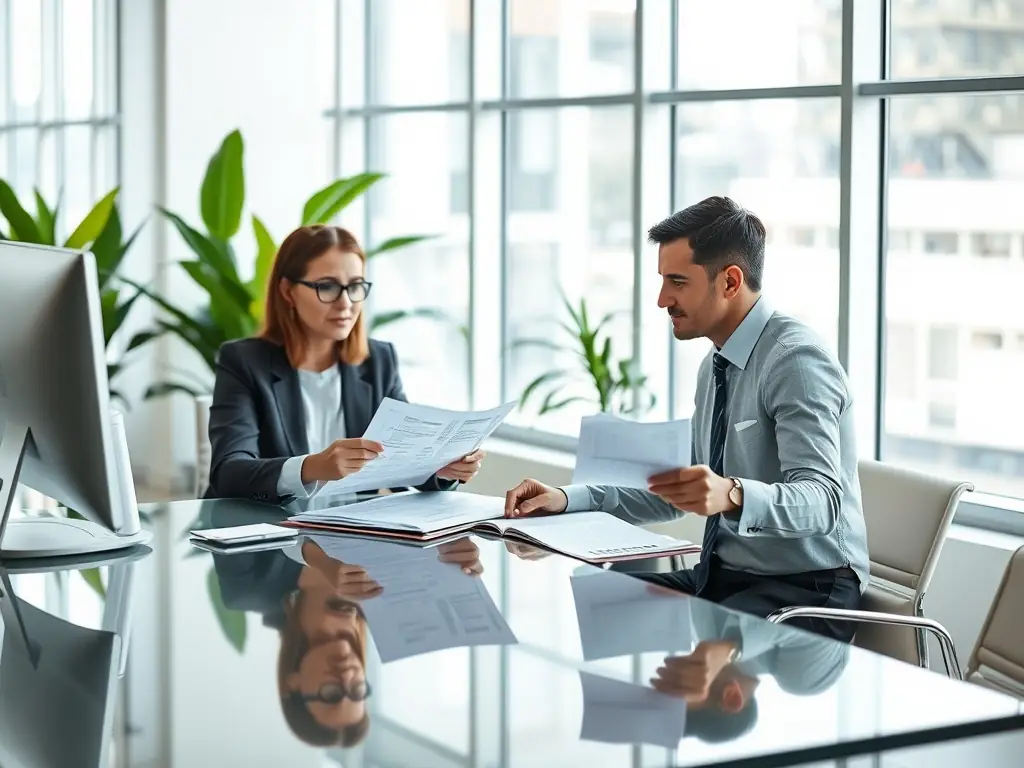 An image of a financial consultant meeting with a client in a sunny Johannesburg office, reviewing financial documents and discussing future investment opportunities.