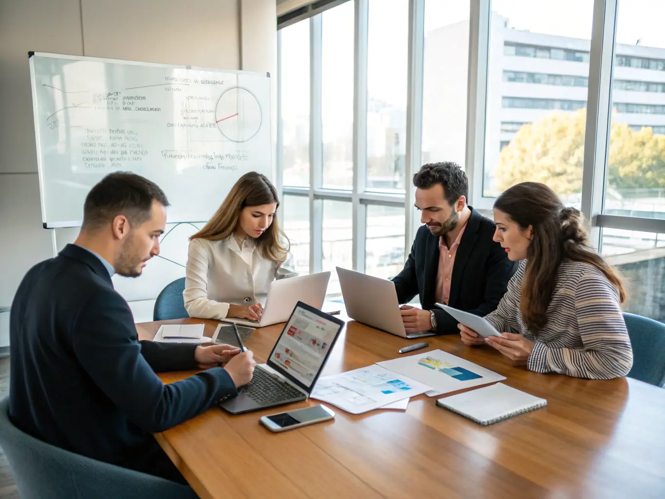 An image depicting a diverse group of South African professionals collaborating on financial planning in a modern office setting, symbolizing teamwork and strategic financial advice.